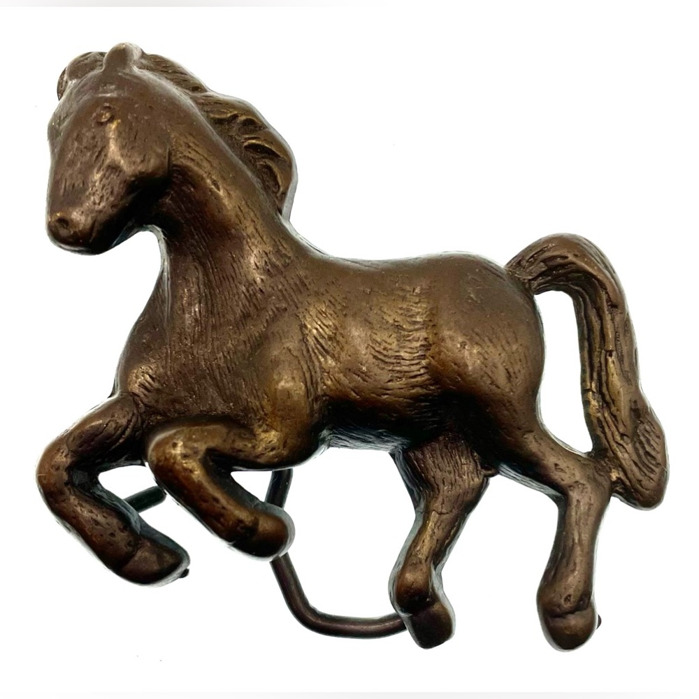 Vintage 1970s Equestrian Horse Free Form Jumping Brass Tone Belt Buckle MBCI - Picture 2 of 8